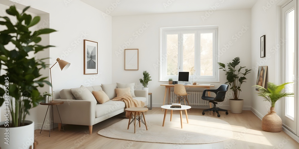 Minimalist Scandinavian home office with natural light, sleek furniture, and cozy textures. A serene and functional workspace with clean lines and modern decor Minimalist Scandinavian home office with natural light, sleek furniture, and cozy textures. A serene and functional workspace with clean lines and modern decor