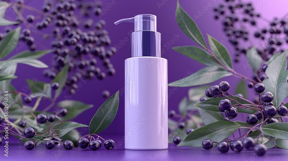 Cosmetic bottle mockup surrounded by edelberries and greenery on purple background Cosmetic bottle mockup surrounded by edelberries and greenery on purple background
