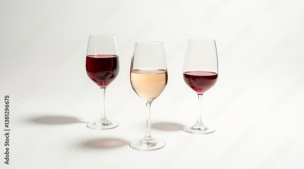 Three Elegant Wine Glasses Placed Next to Each Other on a Pristine White Background Three Elegant Wine Glasses Placed Next to Each Other on a Pristine White Background