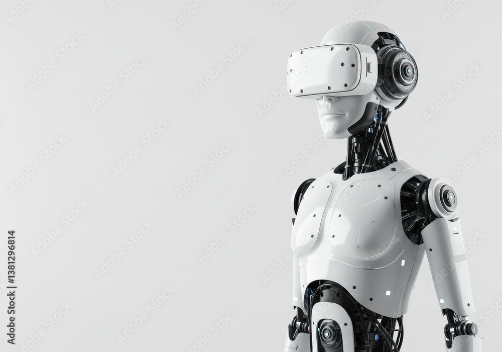 Futuristic humanoid robot with VR glasses. Artificial intelligence in virtual reality. Future technology trends for business, industry and science with cyborg. Futuristic humanoid robot with VR glasses. Artificial intelligence in virtual reality. Future technology trends for business, industry and science with cyborg.
