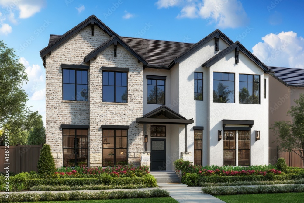 New modern house design showcasing unique architecture with a blend of stone and stucco elements located in a serene neighborhood during sunny weather New modern house design showcasing unique architecture with a blend of stone and stucco elements located in a serene neighborhood during sunny weather