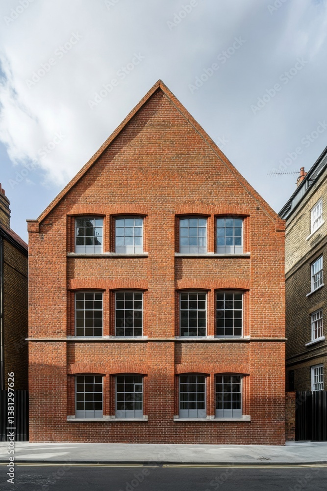 Brick building with modern design features stands against a cloudy sky in an urban setting, showcasing architectural elements and a distinct triangular roof Brick building with modern design features stands against a cloudy sky in an urban setting, showcasing architectural elements and a distinct triangular roof
