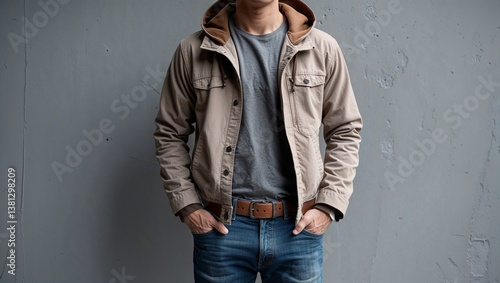 Casual Man in Beige Jacket and Jeans Standing with Hands in Pockets