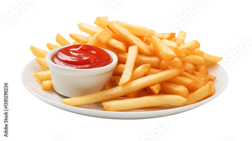Delicious french fries with ketchup on a white plate perfect snack food photography image isolated on transparent background	