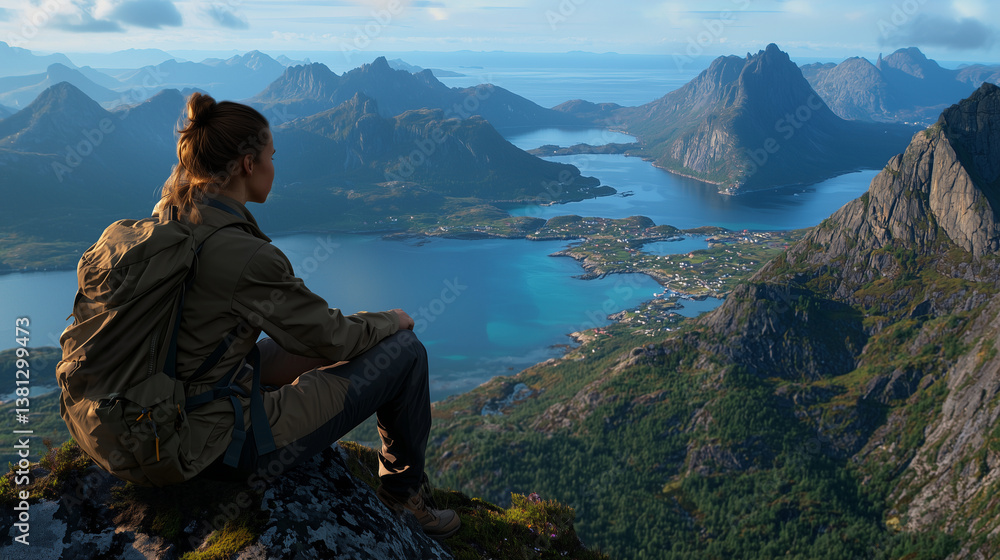 Fototapeta premium A woman enjoying a scenic view from a mountain in Norway's wilderness