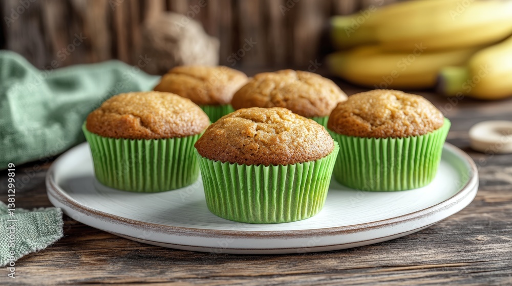 Freshly baked banana muffins on plate with green liners and ripe bananas in background Freshly baked banana muffins on plate with green liners and ripe bananas in background