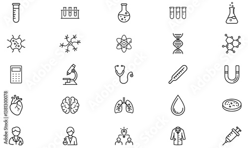 science outline icon set, featuring laboratory tools, biology, physics, chemistry, and scientific research. perfect for educational materials, science blogs, and academic websites.