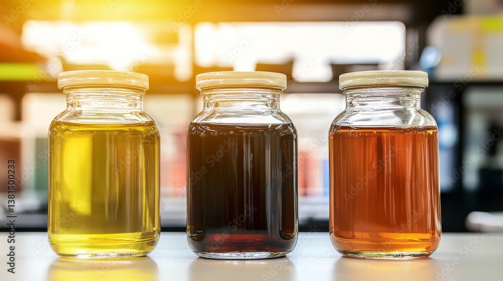 Three jars filled with colorful liquids, showcasing various shades and textures Three jars filled with colorful liquids, showcasing various shades and textures