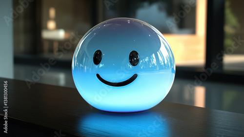 Obraz na płótnie Glowing Smiley Face Sphere Lamp with Blue Light on Wooden Table in Modern Interior w salonie