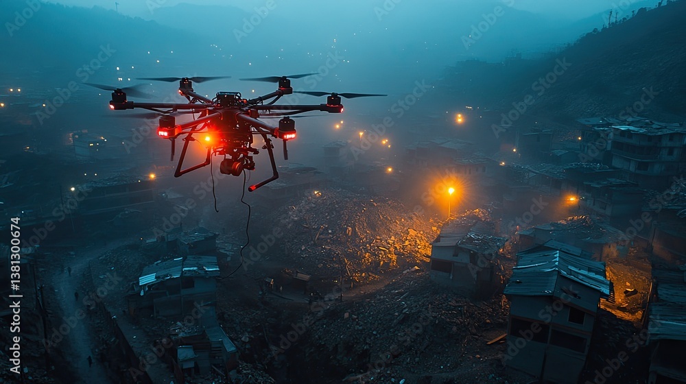 Fototapeta premium A drone surveying a devastated area at twilight is shown