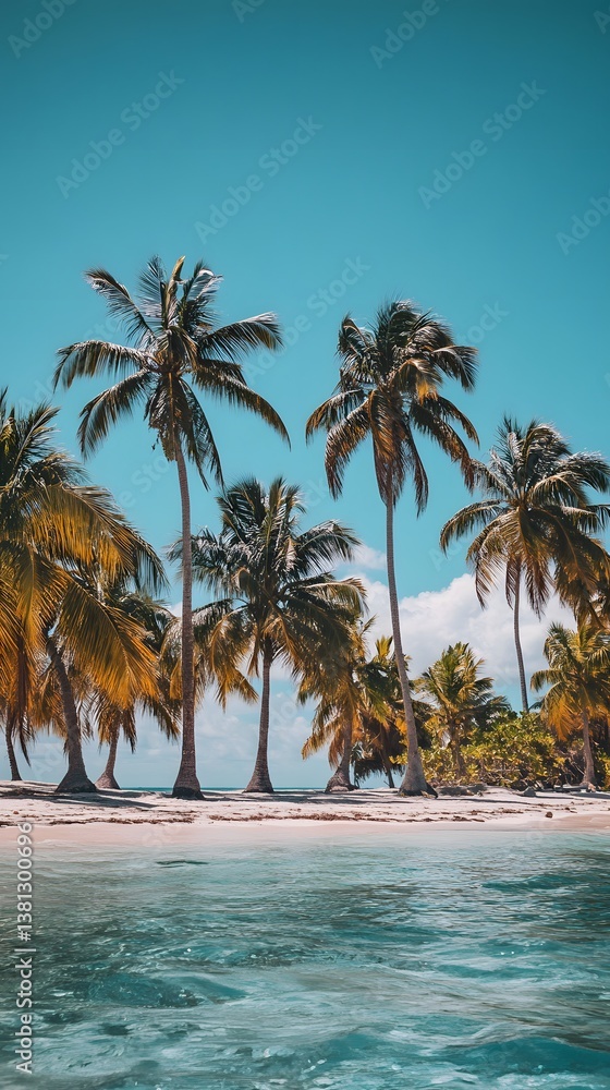 Clear Blue Skies Over Beautiful Beach with Palm Trees Sunset
