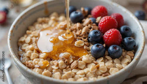 Wallpaper Mural Oatmeal Delight: A vibrant bowl of oatmeal is topped with fresh berries and a drizzle of golden honey, inviting you to a healthy and delicious breakfast experience. Torontodigital.ca