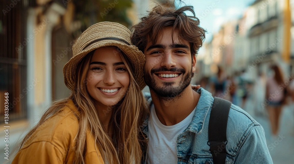 Two friends stand closely together, both smiling broadly. The lively street around them is filled with soft golden light, highlighting their joyful expressions and carefree spirits Two friends stand closely together, both smiling broadly. The lively street around them is filled with soft golden light, highlighting their joyful expressions and carefree spirits