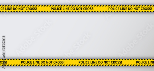 Police line do not cross ribbons. Border yellow black tape barrier. Set of caution crime scene tapes for criminal accident places. Seamless striped boundary lines. Vector illustration.