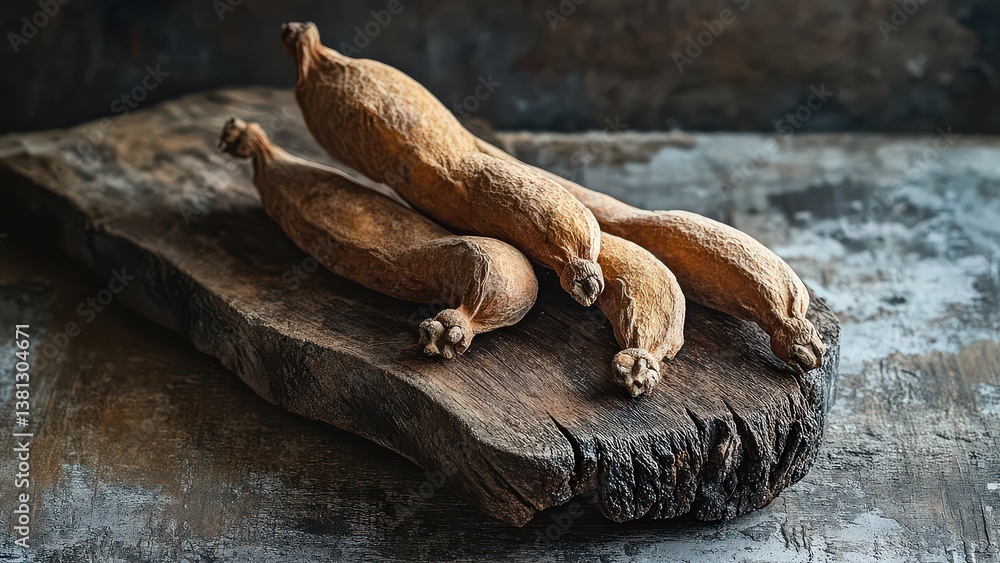 Dried Tamarind Pods on Rustic Wooden Surface Dried Tamarind Pods on Rustic Wooden Surface