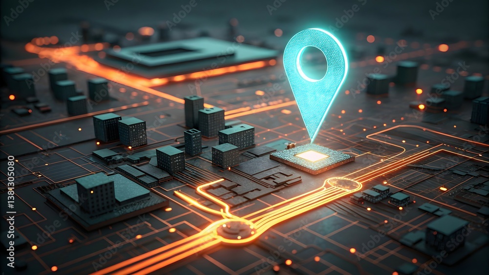 GPS Location Pin Hovering Over Futuristic Circuit Board GPS Location Pin Hovering Over Futuristic Circuit Board