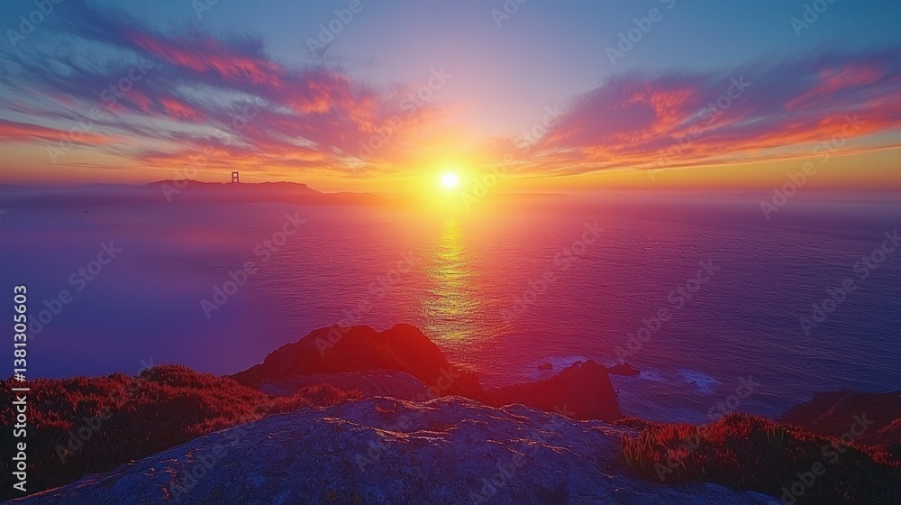 Spectacular Sunset over the Ocean with Golden Gate Bridge in the Distance Spectacular Sunset over the Ocean with Golden Gate Bridge in the Distance