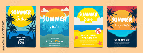 Summer sale promotion poster and flyer collection. Tropical beach discount templates for seasonal offers and special deals. Set of posters for summertime with coconut trees and a beach scene.