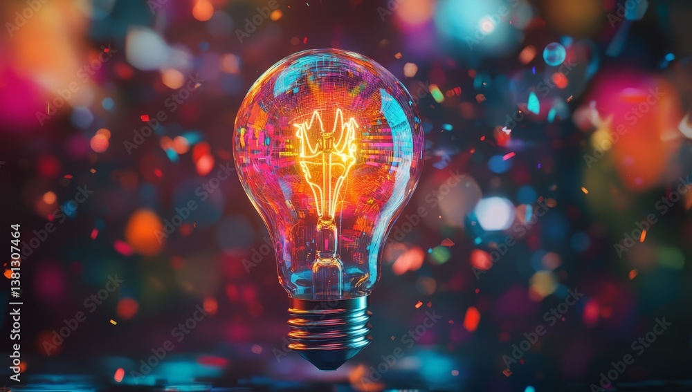 A glowing light bulb against a colorful, abstract background. Focus on ideas and creativity. A glowing light bulb against a colorful, abstract background. Focus on ideas and creativity.