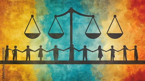People holding hands beneath scales of justice on a gradient background, representing unity, balance, and social harmony.