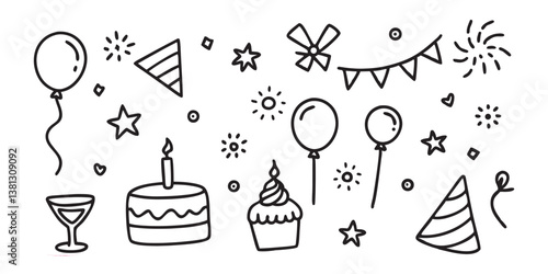 Hand drawing Happy birthday party elements vector