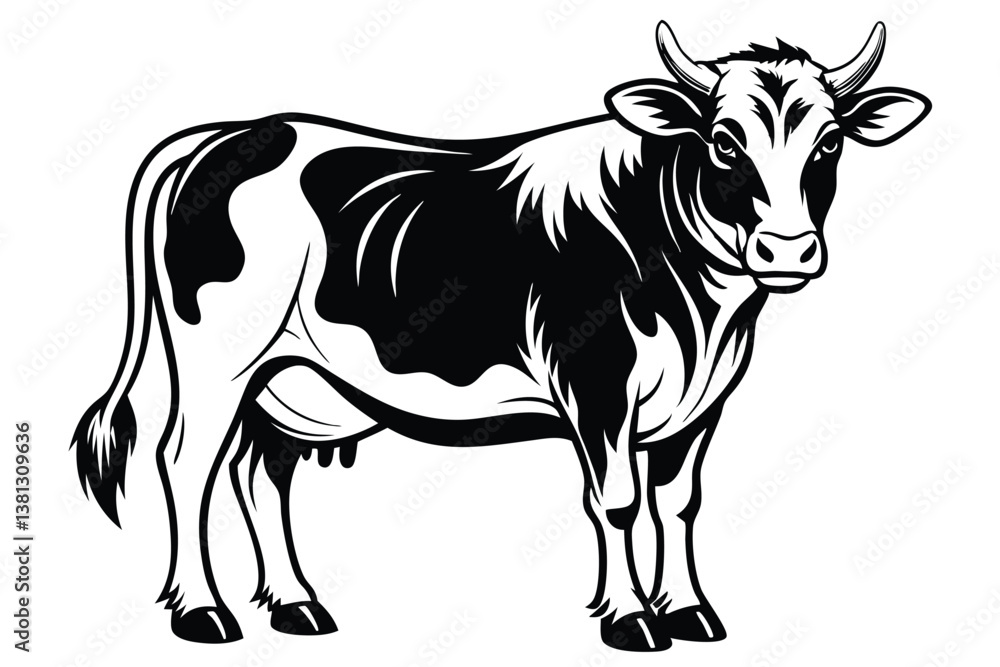 Fototapeta premium Holstein Cow Standing, Black and White Farm Animal with Horns