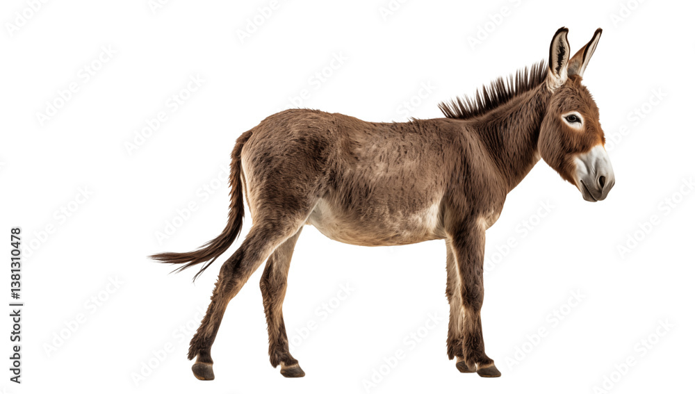 A brown donkey standing in a plain background with its head facing slightly to the right side view on transparent background png A brown donkey standing in a plain background with its head facing slightly to the right side view on transparent background png