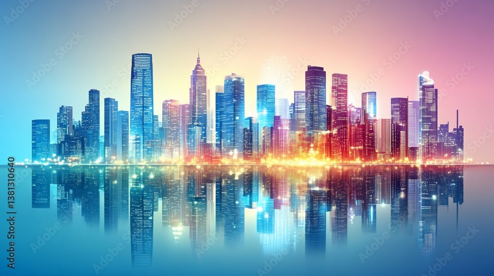 Fototapeta premium Night cityscape reflection, urban skyline, harbor, lights