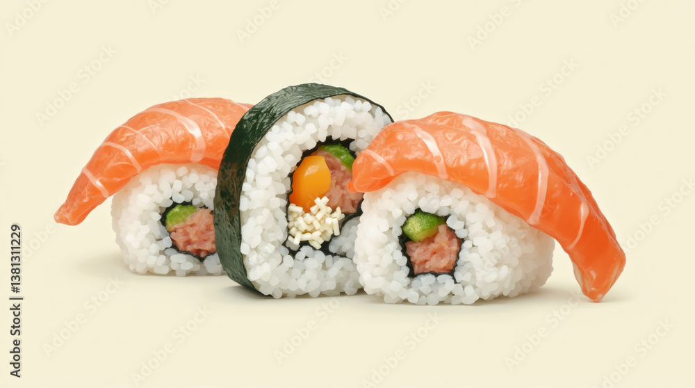 Deconstructed Sushi Roll with Each Ingredient – Rice, Seaweed, Fish, and Garnish Spaced Apart in Deconstructed Sushi Roll with Each Ingredient – Rice, Seaweed, Fish, and Garnish Spaced Apart in