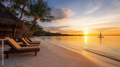 Fototapeta Naklejka Na Ścianę i Meble -  Golden sunset over calm waters and sandy beach