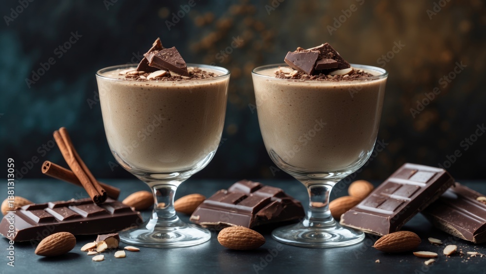 Chocolate almond milk oat smoothie on a dark backdrop. Selective focus, room for text.