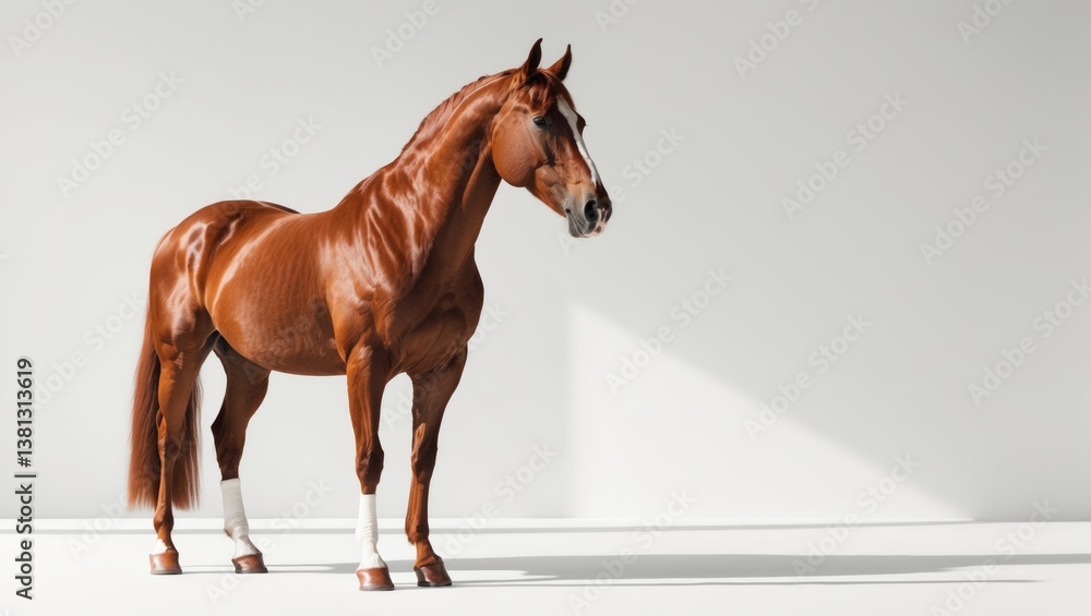 Obraz premium Chestnut stallion standing alone against a backdrop.