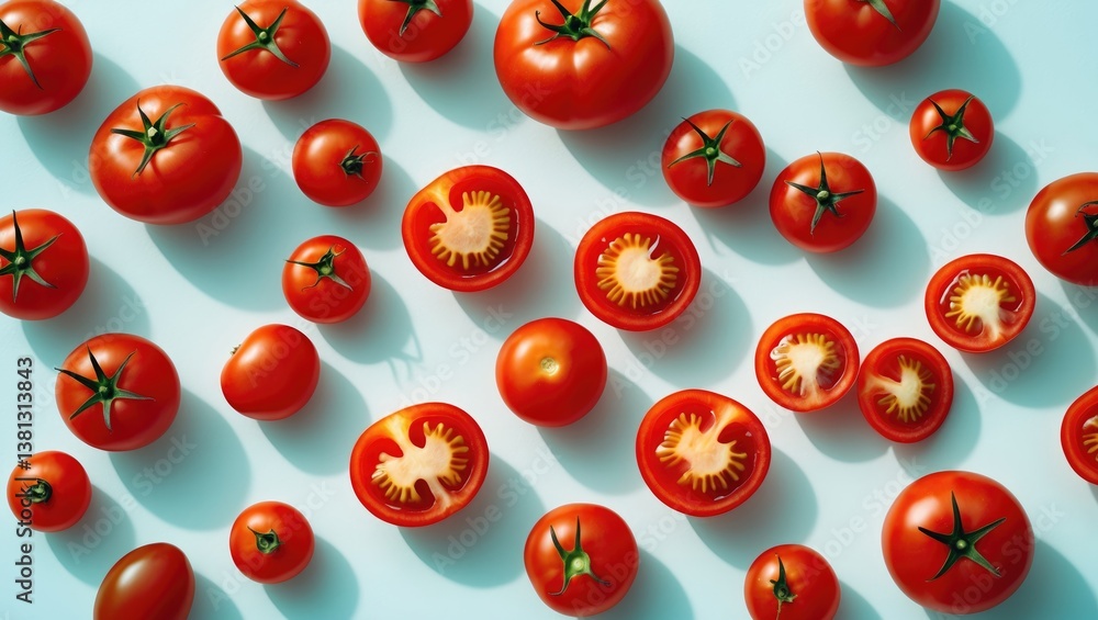 Fototapeta premium cherry tomatoes whole and cut in halves on a white isolated background, aerial view