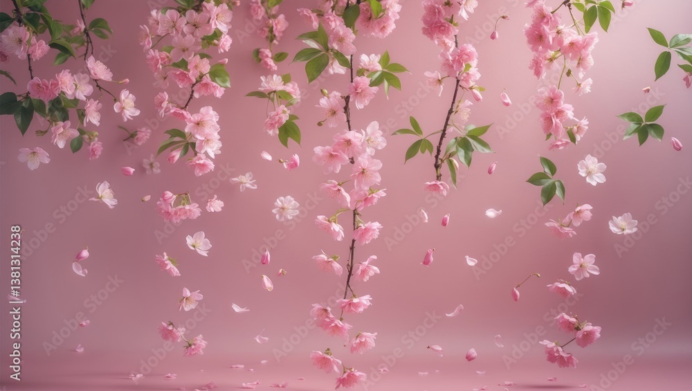 Fototapeta premium Cherry blossoms flowers drifting on a pink backdrop. Minimal lifestyle aesthetic idea.