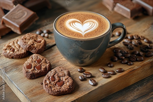Delicious Coffee With Heart-Shaped Latte Art Served With Chocolate Cookies