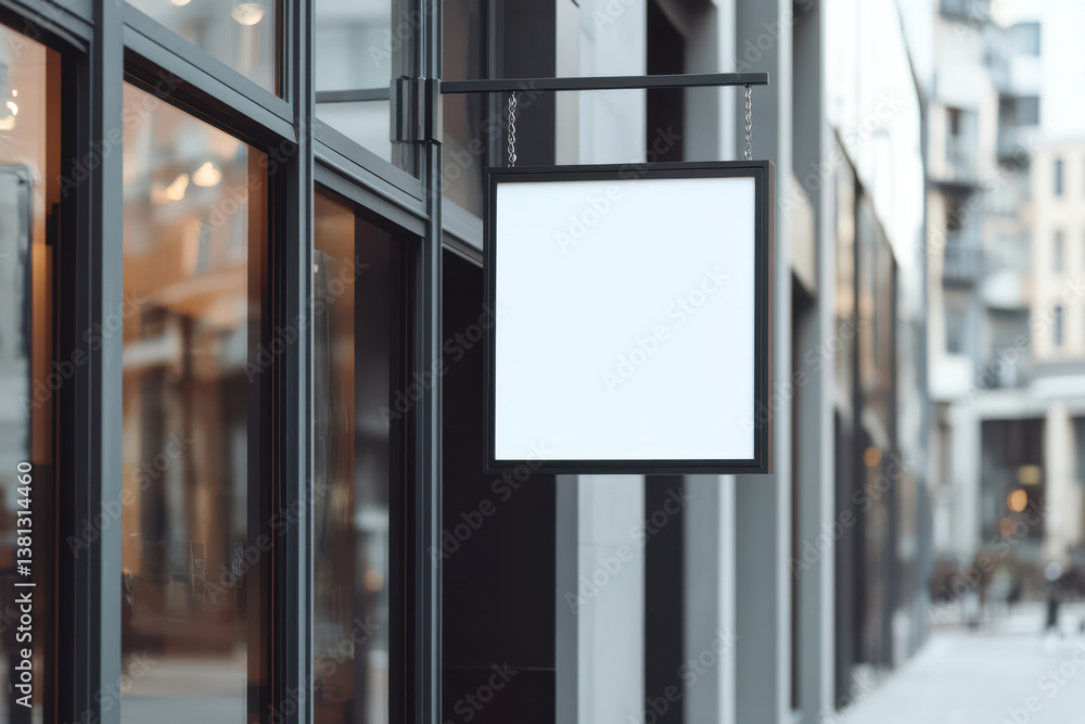 A blank white shop store sign template. Exterior of a shop cafe or office with a display sign A blank white shop store sign template. Exterior of a shop cafe or office with a display sign