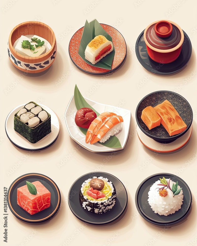 A charming isometric set of 9 iconic Japanese fast food, sushi, bento box, dessert, Wagashi, ramen, Kaiseki, Izakaya drinks and beverages A charming isometric set of 9 iconic Japanese fast food, sushi, bento box, dessert, Wagashi, ramen, Kaiseki, Izakaya drinks and beverages