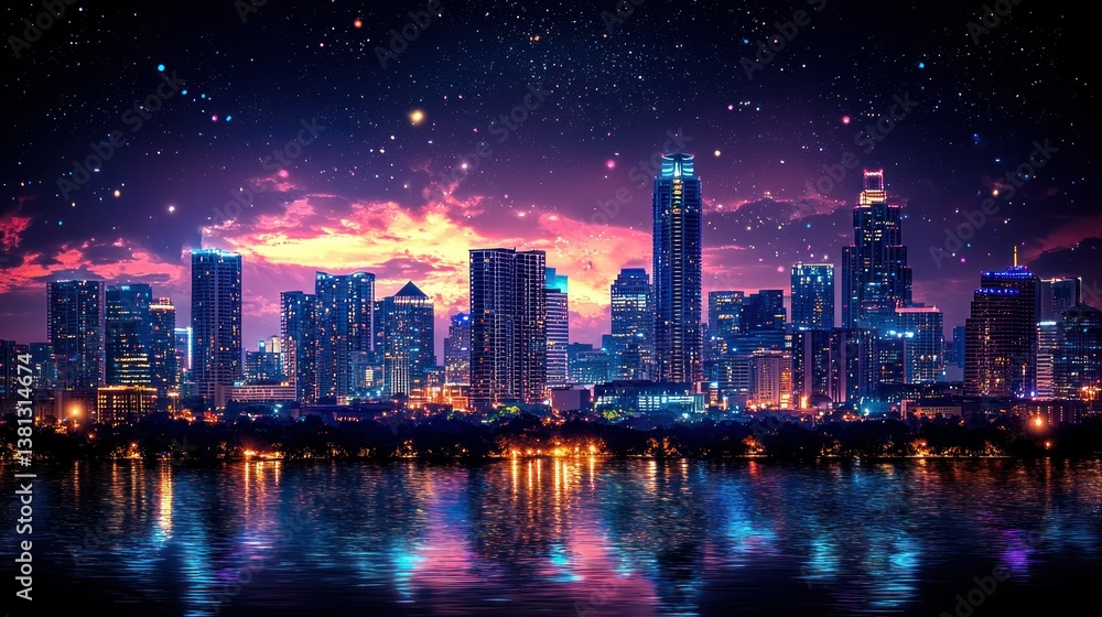 Fototapeta premium Night Cityscape under Starry Sky