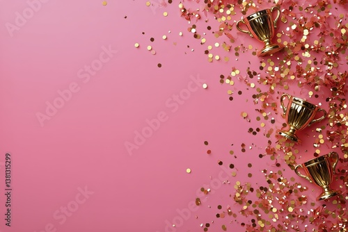 Celebration With Golden Trophies and Confetti on a Pink Background for Awards...