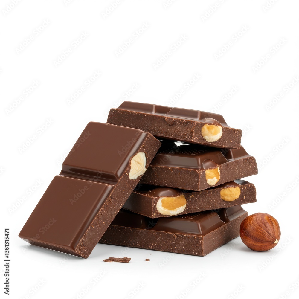 Fototapeta premium A stack of chocolate bars with hazelnuts and a single hazelnut on a white background close up shot