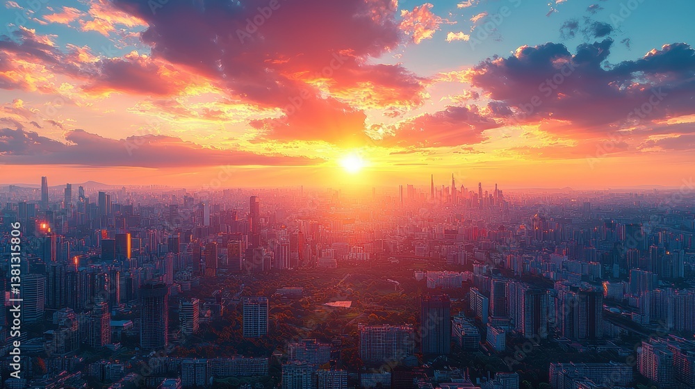 Sunset Metropolis: Aerial View of Cityscape at Golden Hour Sunset Metropolis: Aerial View of Cityscape at Golden Hour