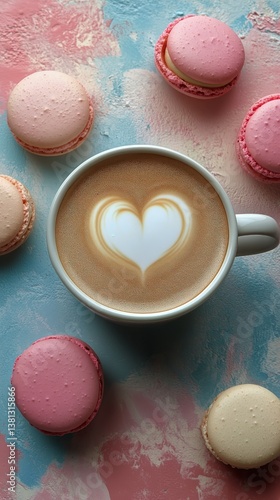 Beautiful Latte Art With Colorful Macarons on Pastel Background at a Cozy Cafe