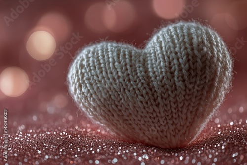 Soft Knitted Heart on a Sparkling Pink Surface With Blurred Lights Reflecting...