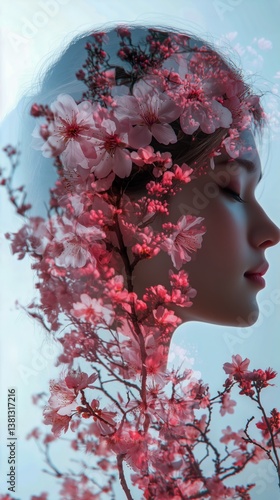 Portrait of a Woman With Cherry Blossoms in Springtime Reflection