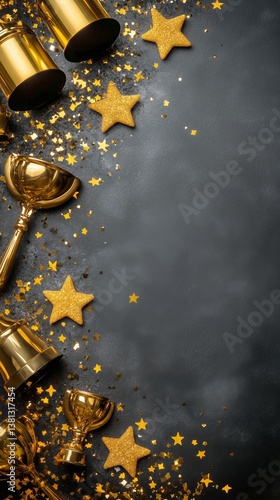 Golden Stars and Ornaments Scattered on a Gray Surface for Festive Decoration