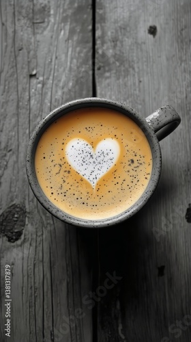 Latte Art With Heart Shape Design on Warm Brown Beverage in Rustic Setting
