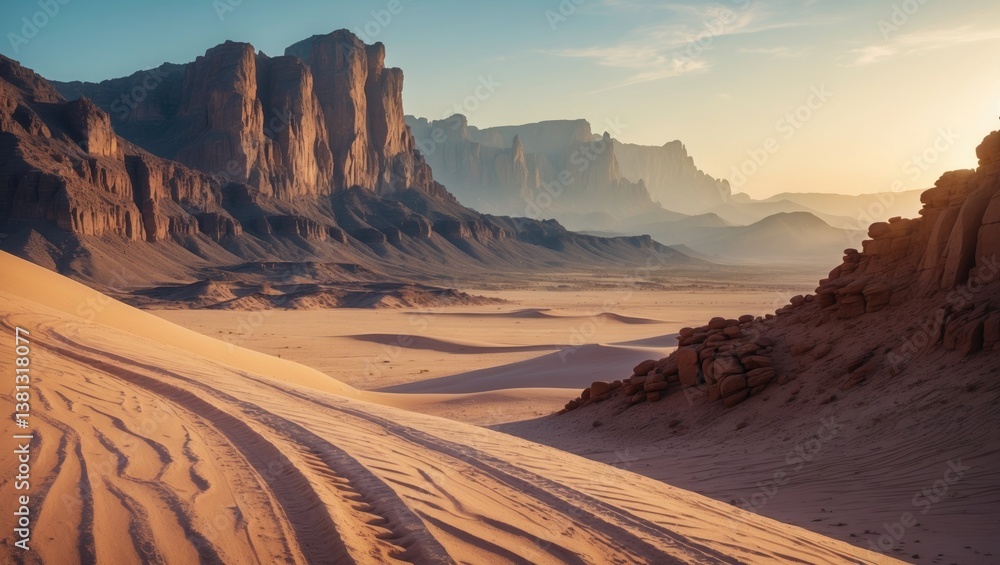 Obraz premium Safari and travel, extreme adventures or scientific exploration in a rocky desert. At dawn, mountain scenery with dust on the horizon, hills, and tracks of the off-road vehicle.