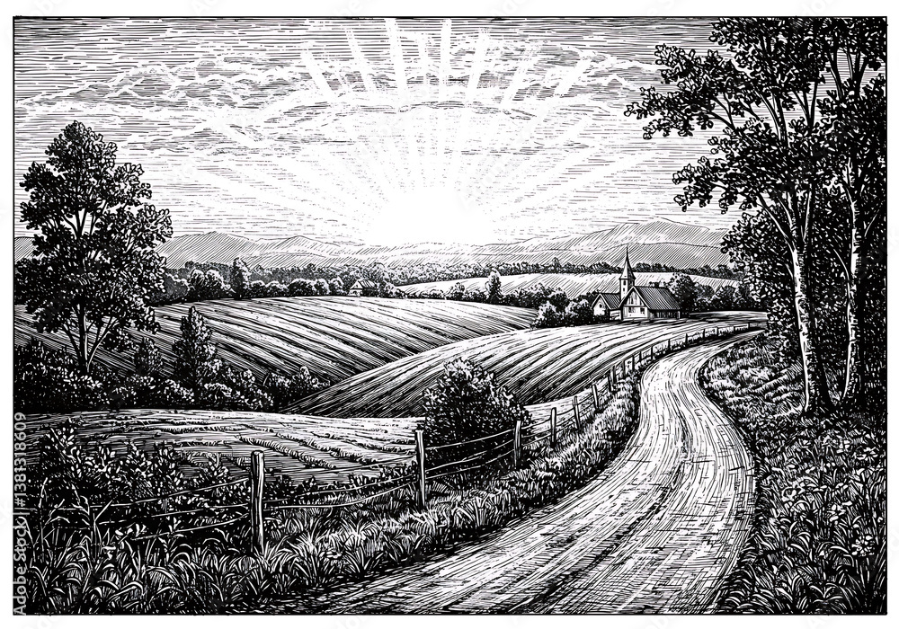 Fototapeta premium Landscape drawing of country road leading to church at sunrise view