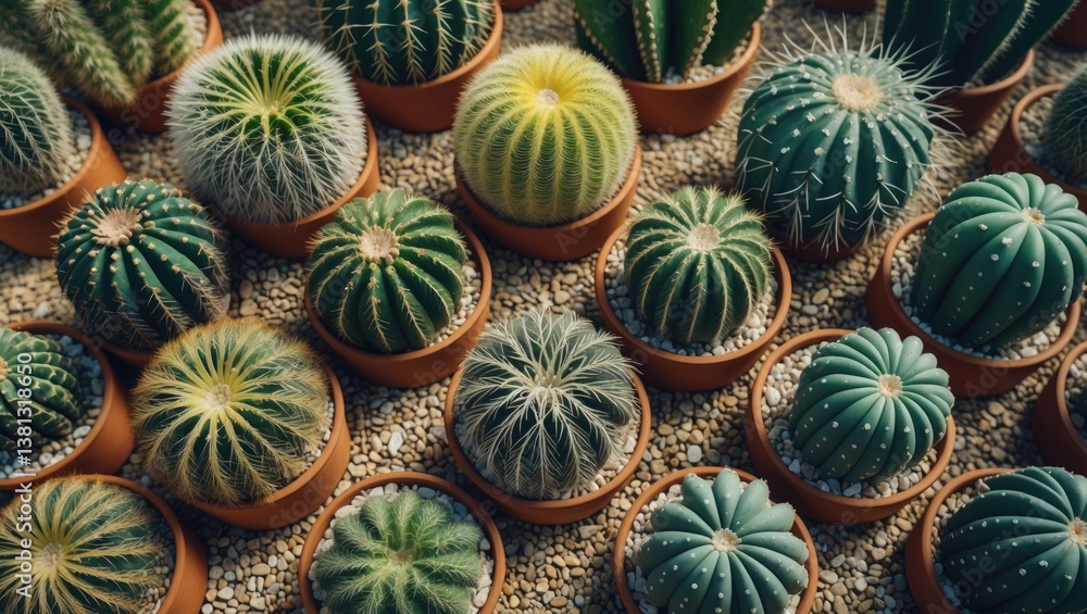 Fototapeta premium Cactus astrophytum asterias in containers illuminated by sunlight flare.