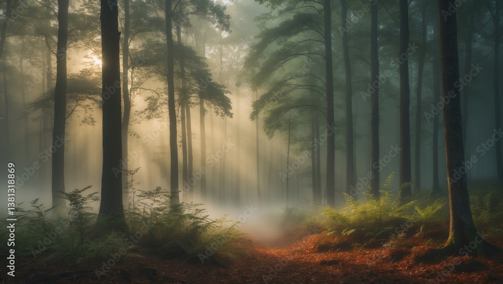Fototapeta premium Panoramic perspective of the stunning evergreen forest shrouded in mist. Powerful pine tree silhouettes. Ethereal dreamlike scenery. Sun rays, enchanting golden light. Nature, fantasy, fairytale.